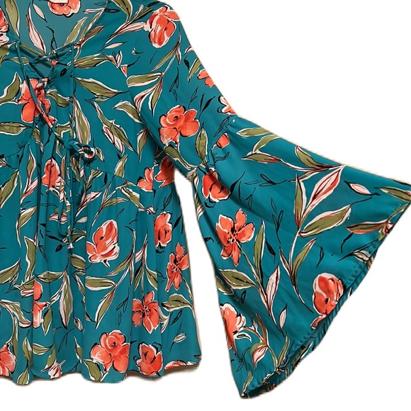 Peach Love, Long Bell Sleeves, Tie Up Neckline, Floral Print Top, Multi, S - Picture 3 of 5